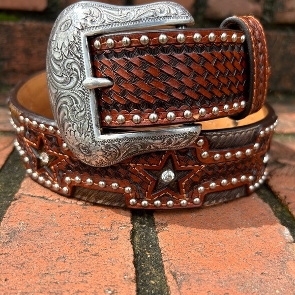 RANGER BELT COMPANY Western Style Stars and Hide Size 30” Hand Tooled  Leather - Picture 2 of 13